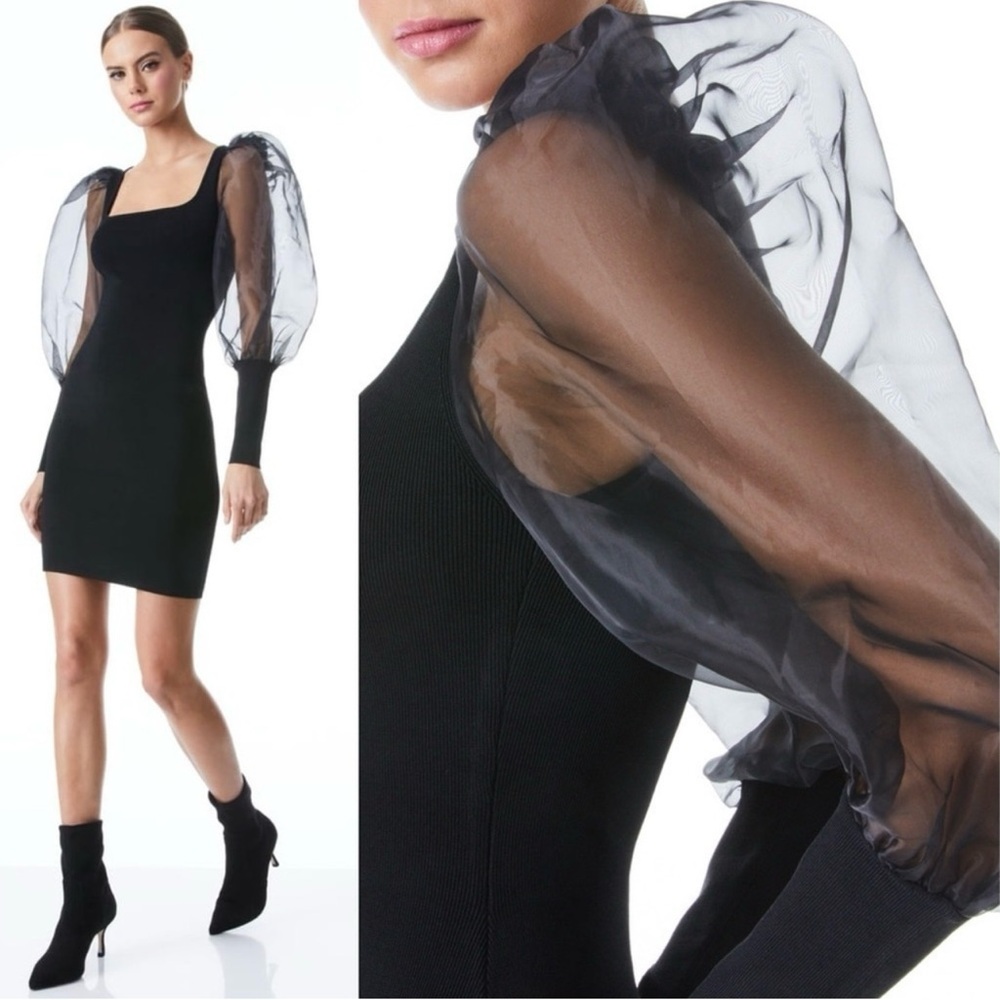 Alice + Olivia - Abella Puff-Sleeve Square Neck Knit Dress Size Medium Black